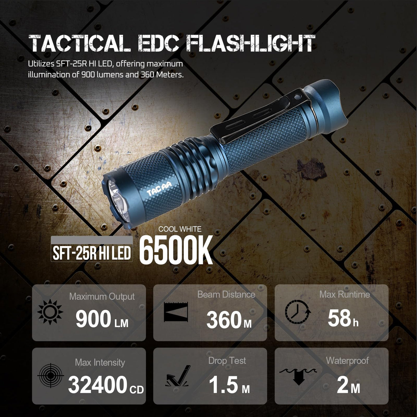 TAC AA 2.0 Tactical EDC AA Flashlight, 900 High Lumen 280M Ultra Long Rang - Cobalt Blue ( New )