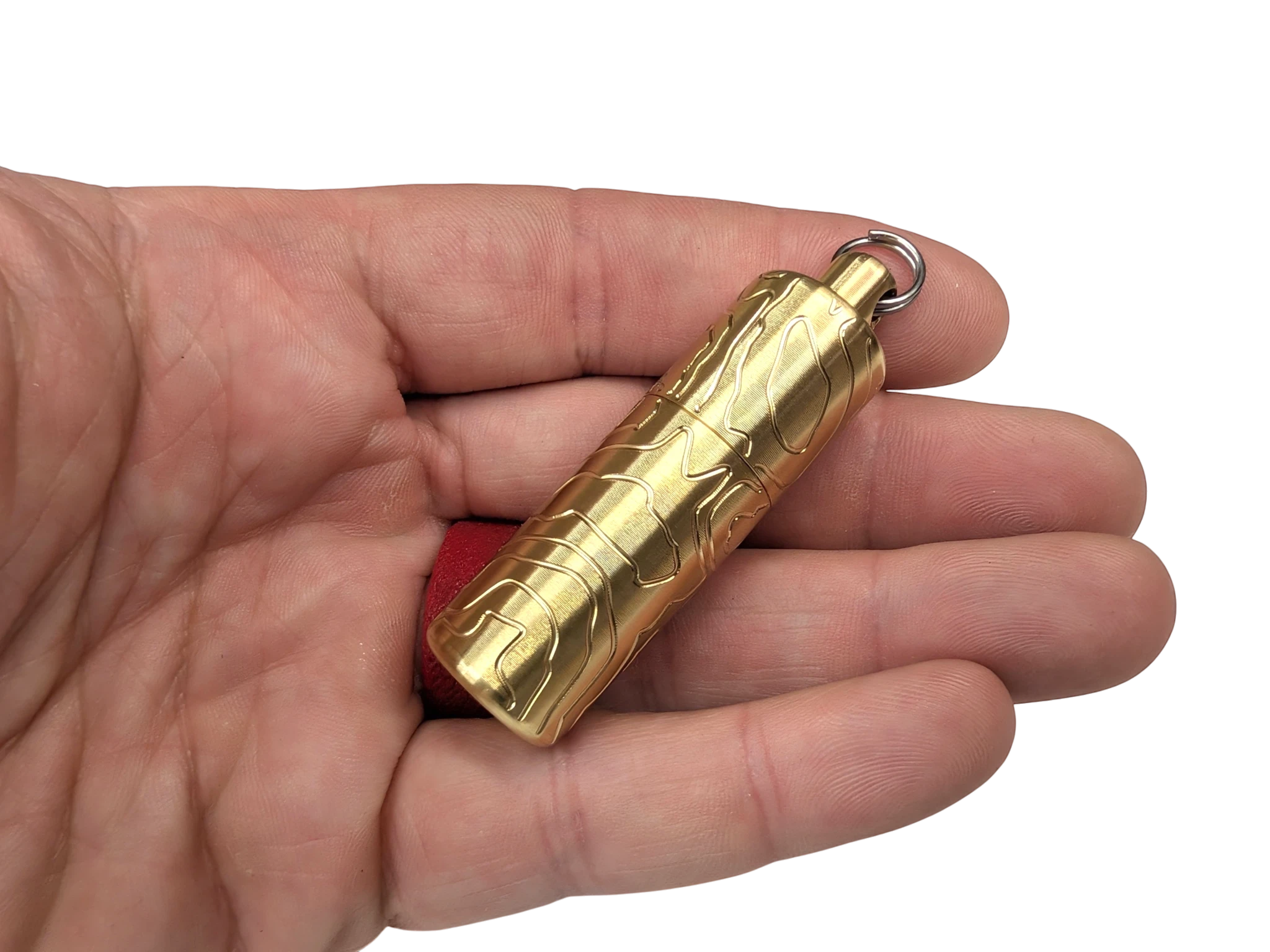 CountyComm Brass XL Peanut Lighter with TOPO engraving. Features a flat end for emergency candle use and a removable insert for pill storage.