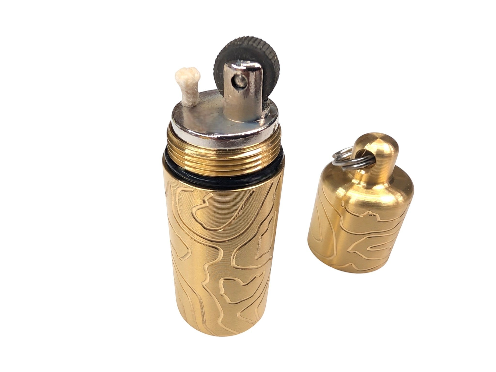 CountyComm Brass XL Peanut Lighter with TOPO engraving. Features a large spark wheel and a flat end for emergency candle use.