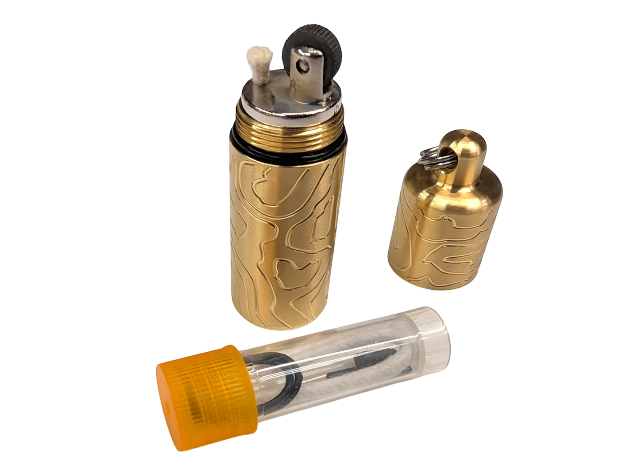 CountyComm Brass XL Peanut Lighter with TOPO engraving, includes spare parts kit and titanium split ring.