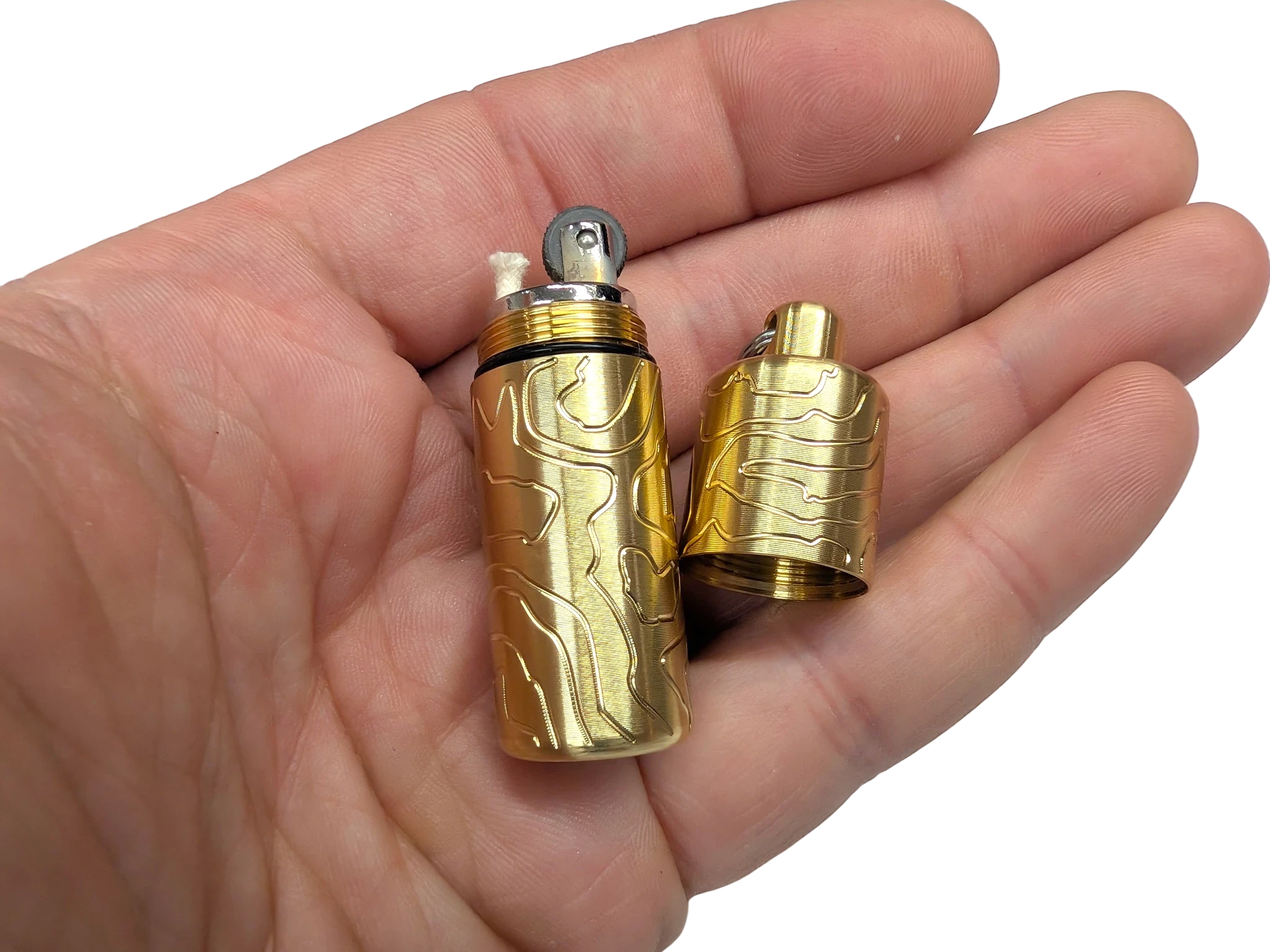 CountyComm Brass XL Peanut Lighter with TOPO engraving. Features a large spark wheel and can hold 3x more fuel.