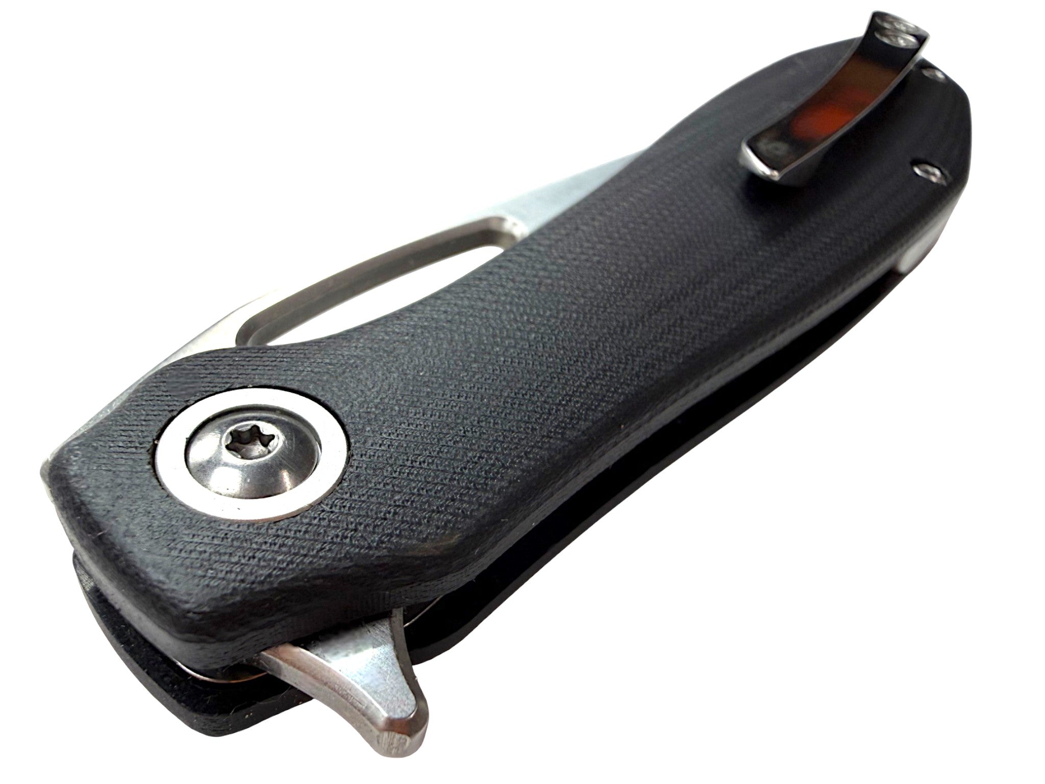 CountyComm BXTR folding knife with black G10 handle and semi-polished steel blade.