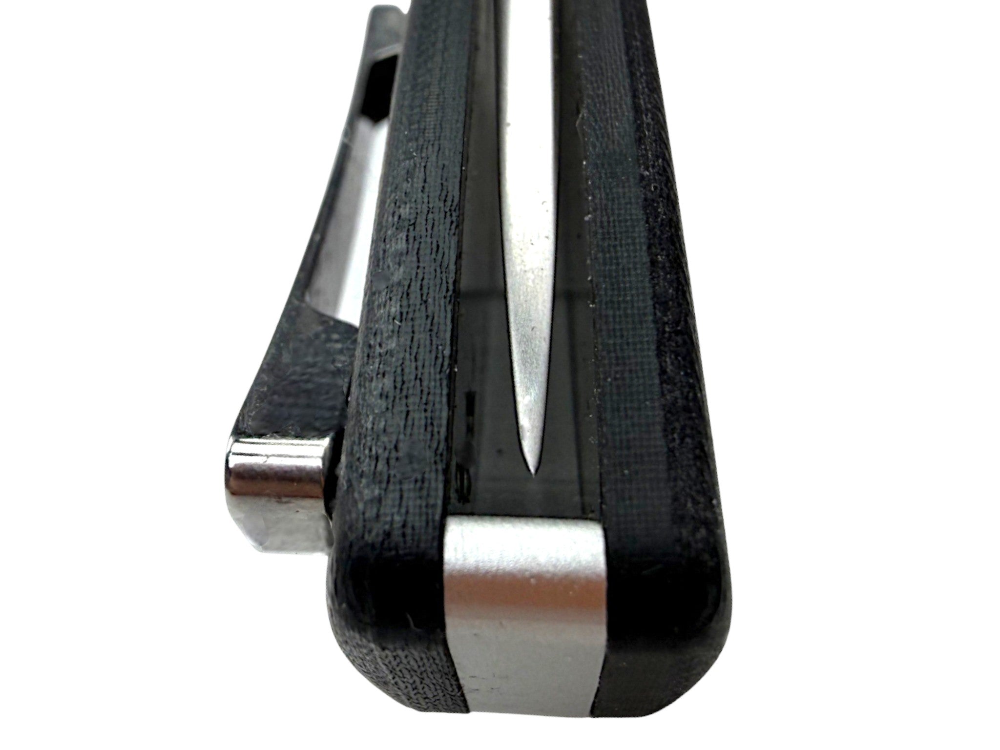 CountyComm BXTR folding knife with black G10 handle and semi-polished steel blade.