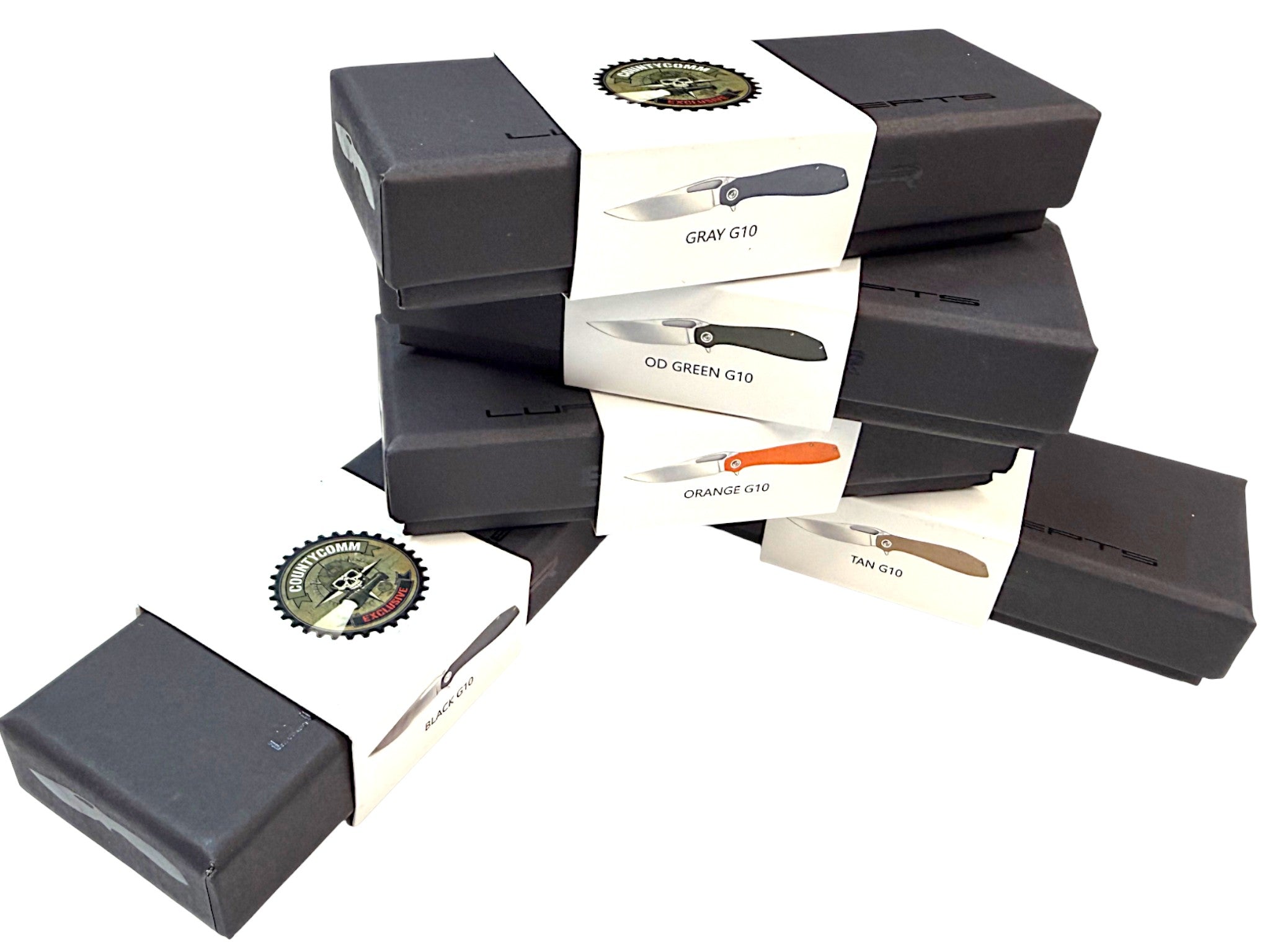 CountyComm BXTR folding knife with semi-polished 8Cr13MoV steel blade and G10 handle in various colors: gray, OD green, orange, tan, and black.