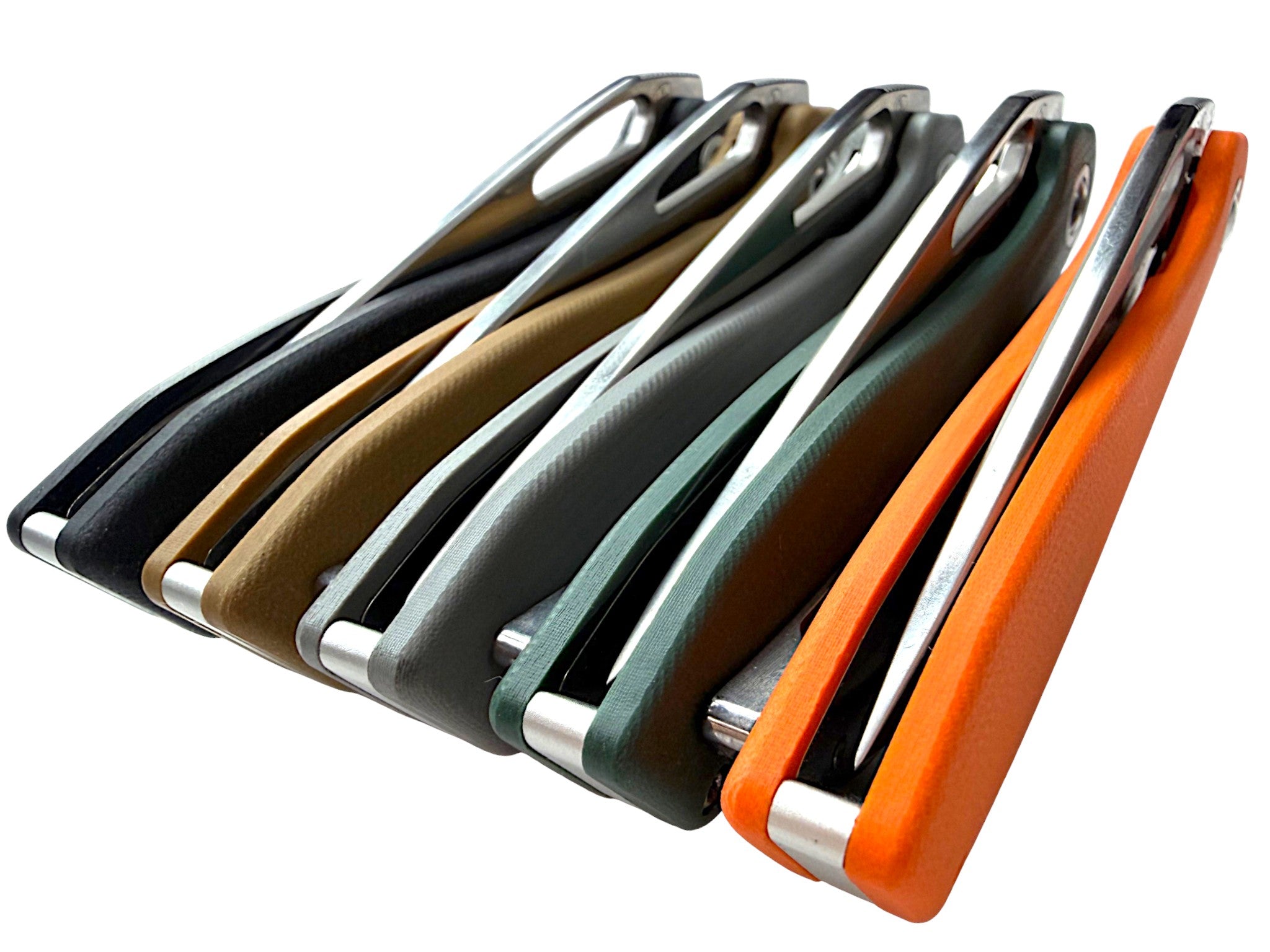 CountyComm BXTR folding knife with G10 Twill handle in black, tan, grey, green, and orange. Features semi-polished steel blade.