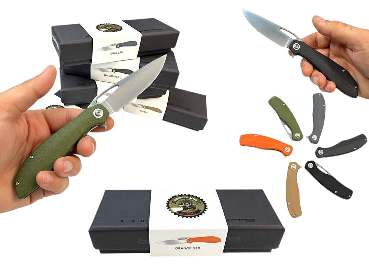 CountyComm LUFT Concepts BXTR folding knife with semi-polished 8Cr13MoV steel blade and G10 handle in OD green.