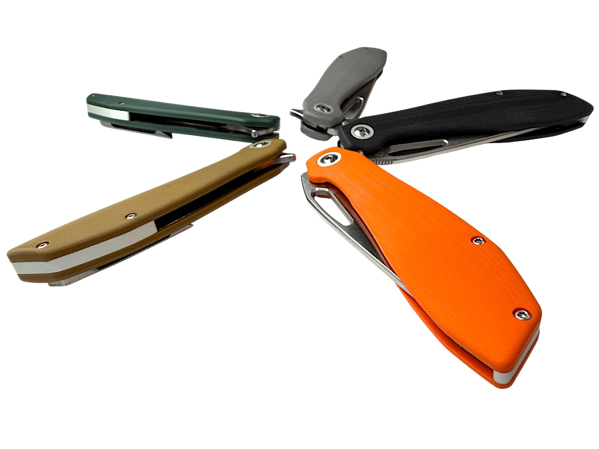 CountyComm BXTR folding knife with semi-polished 8Cr13MoV steel blade and G10 handle. Available in orange, tan, green, grey, and black.