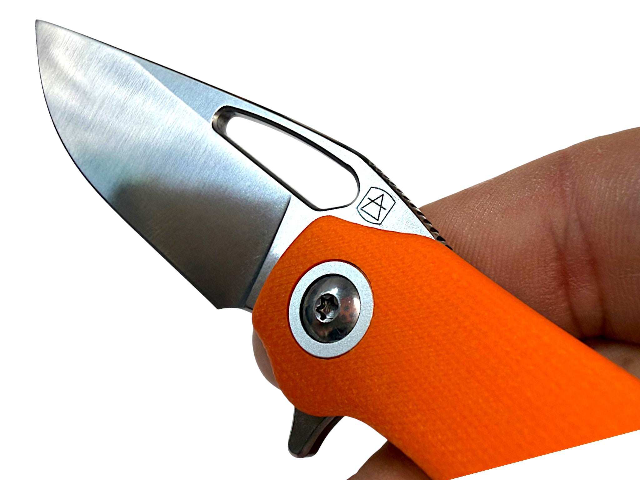 CountyComm BXTR folding knife with orange G10 handle and semi-polished 8Cr13MoV steel blade.
