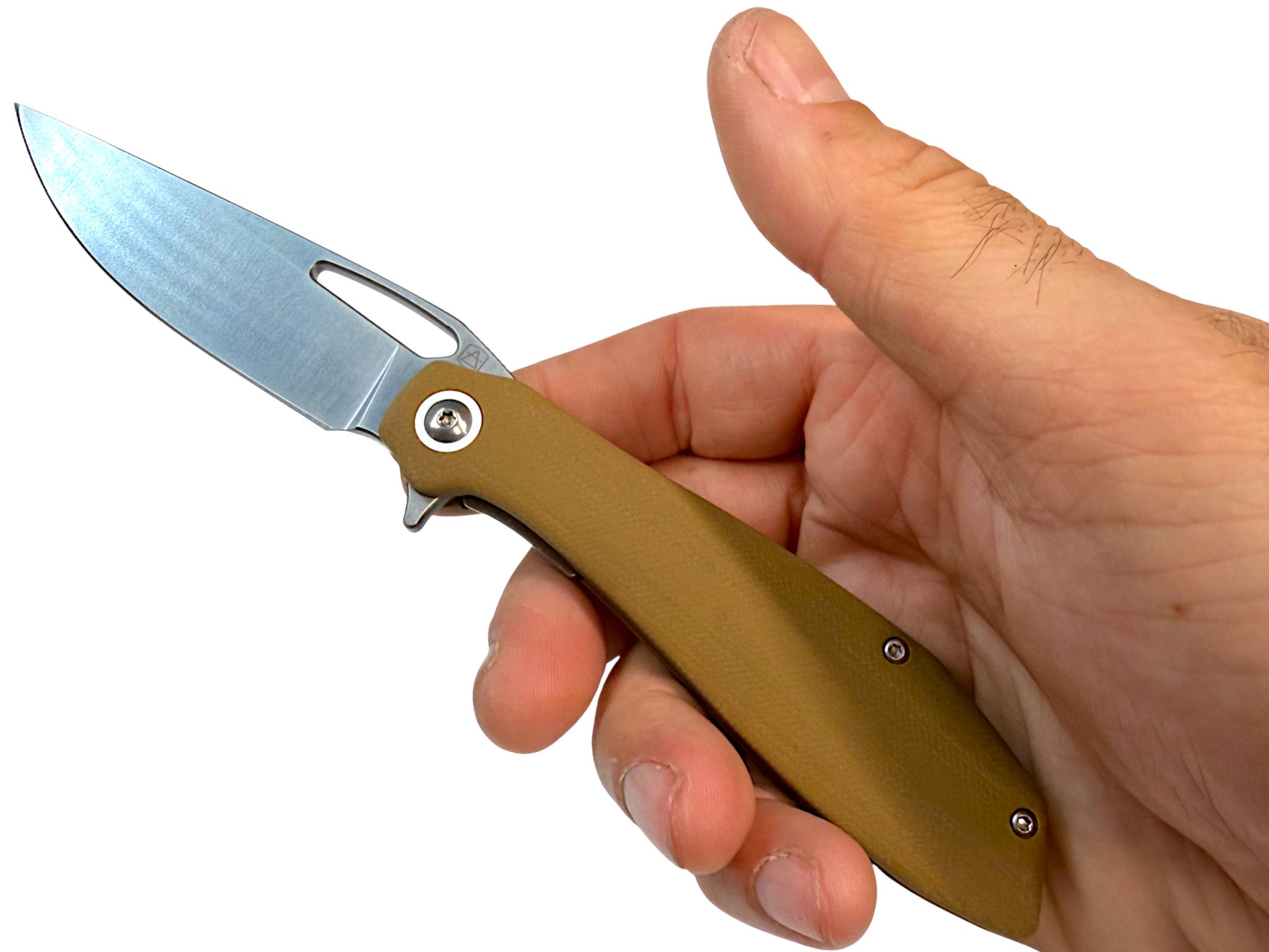 CountyComm BXTR folding knife with a tan G10 handle and semi-polished 8Cr13MoV steel blade held in a hand.