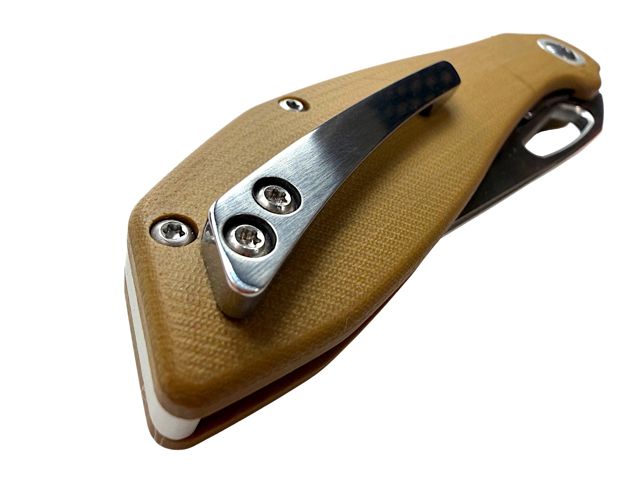CountyComm BXTR folding knife with tan G10 handle and semi-polished steel blade. Features a durable stainless steel pocket clip.