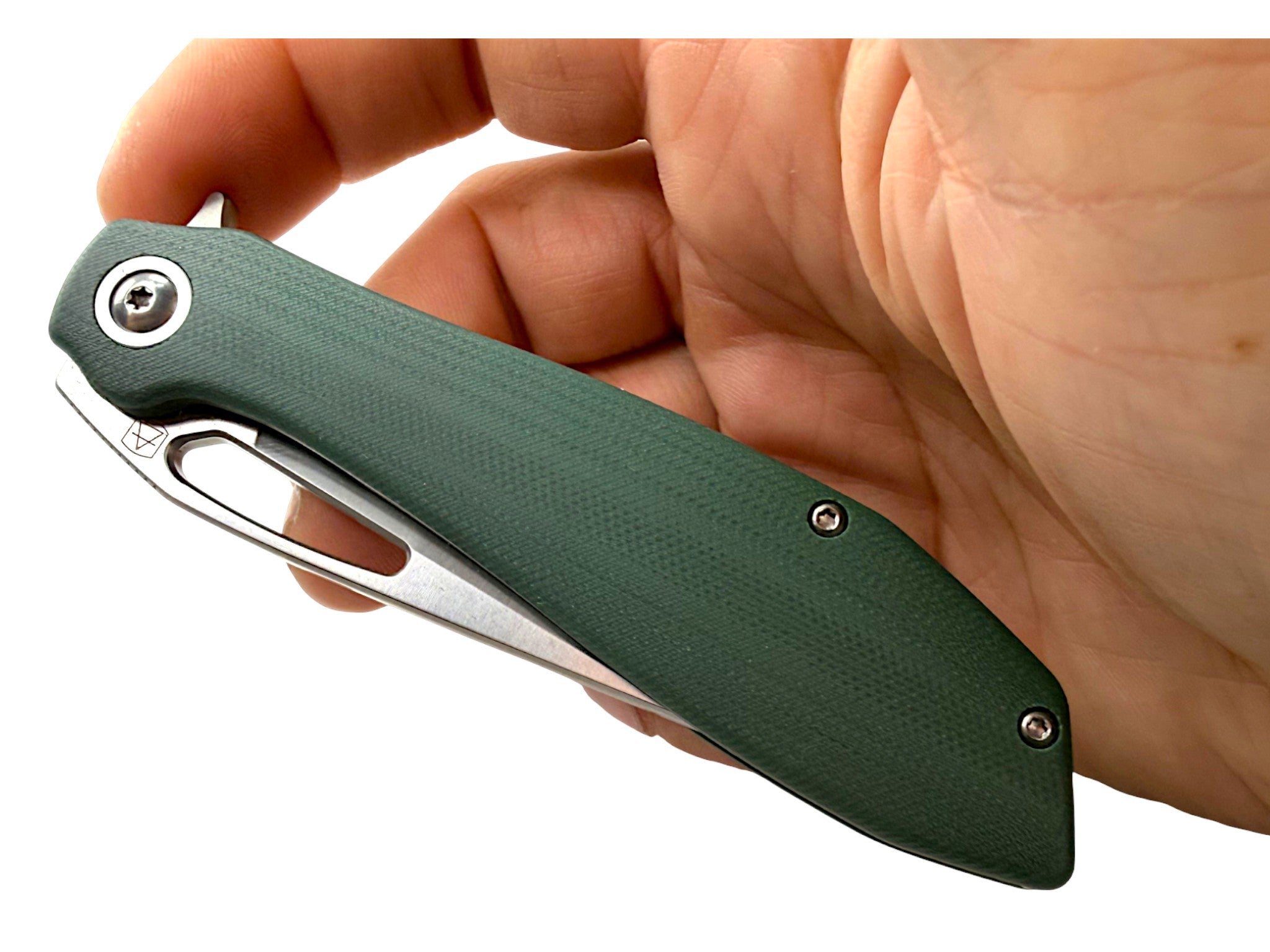 CountyComm green G10 handle folding knife with semi-polished 8Cr13MoV steel blade.