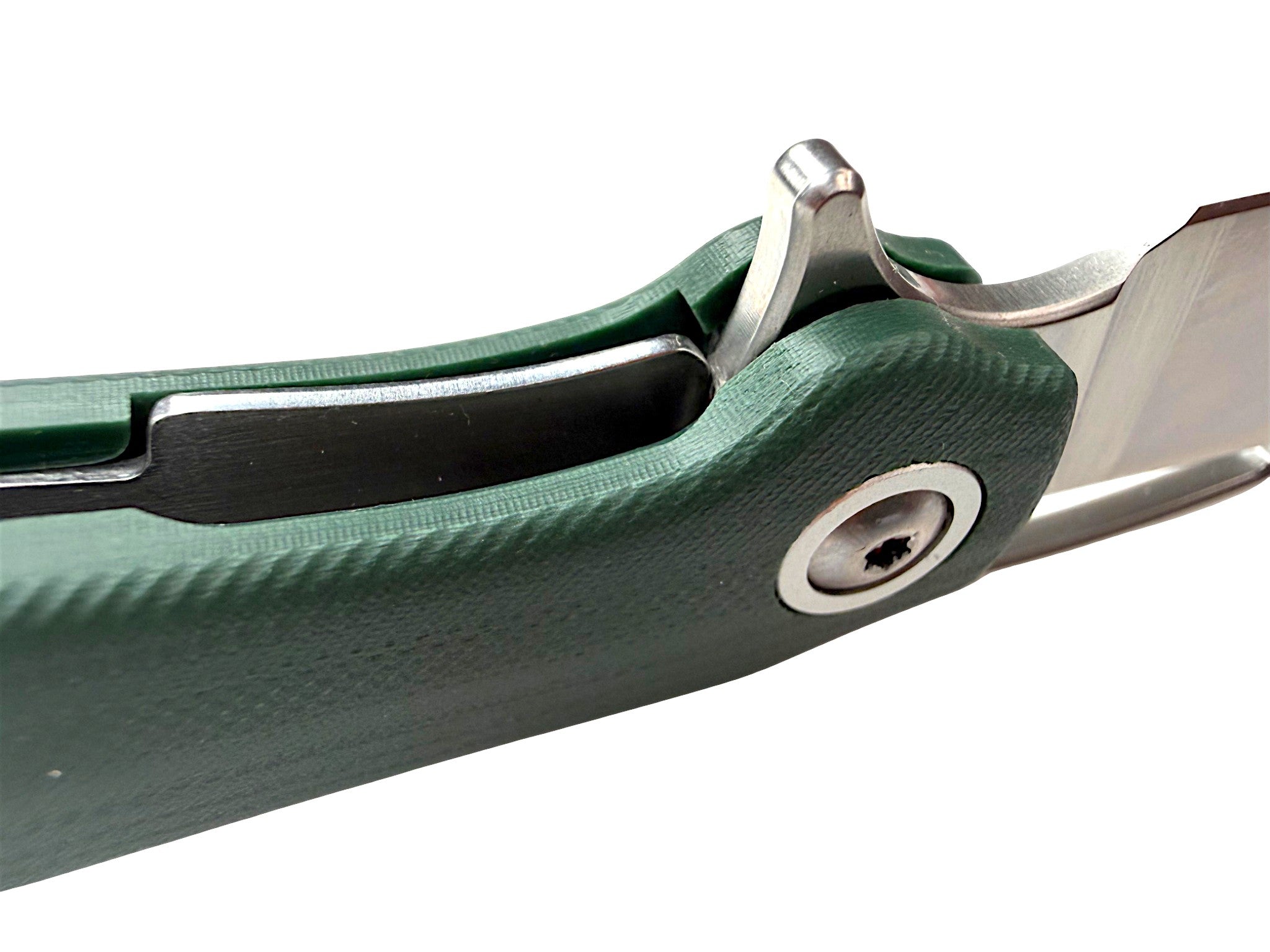 CountyComm green G10 handle folding knife with semi-polished steel blade and Torx screw.