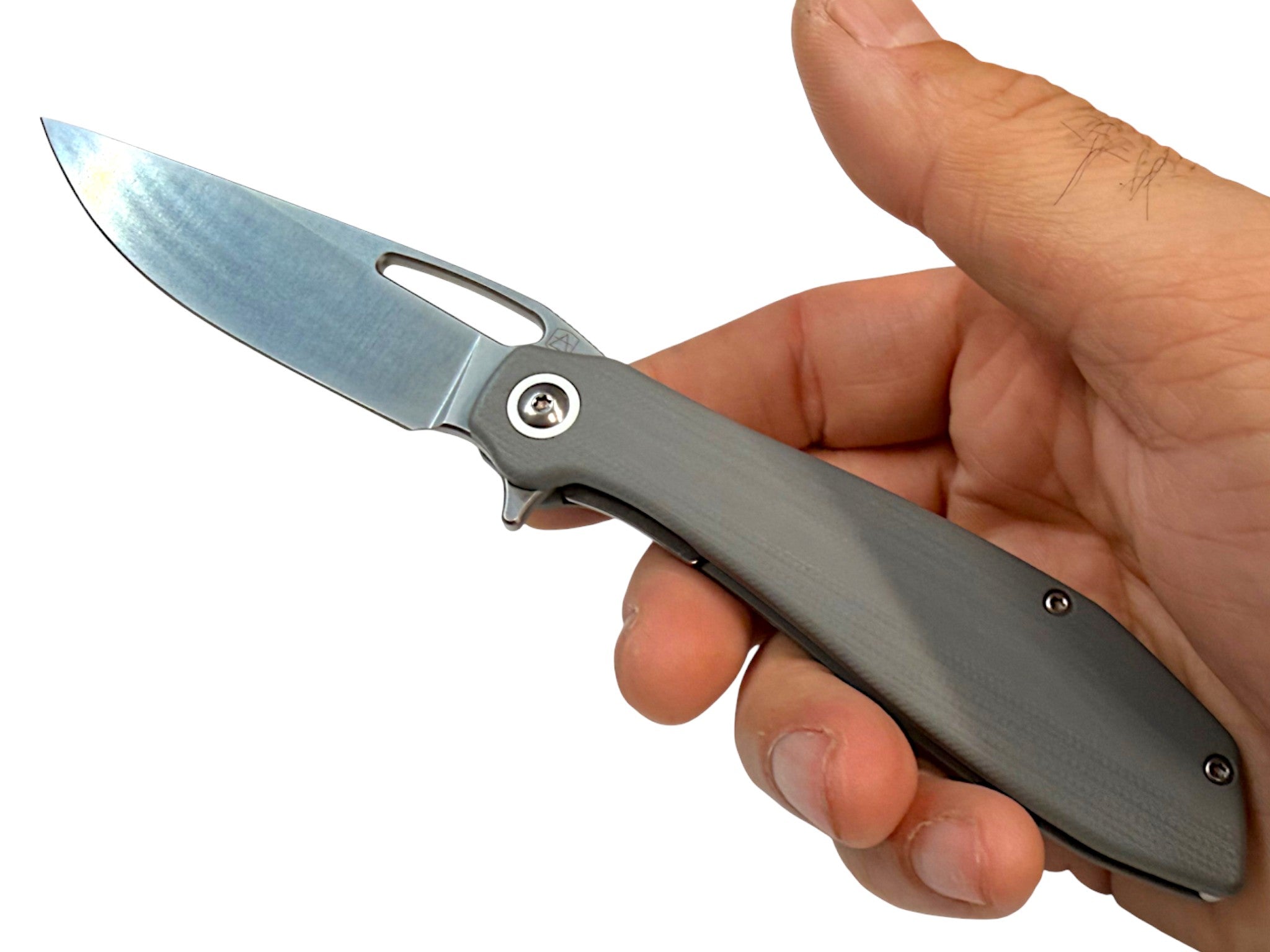 CountyComm exclusive grey G10 handle folding knife with a semi-polished 8Cr13MoV steel blade.