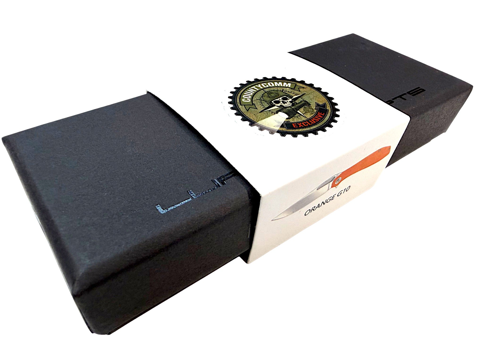 CountyComm Exclusive orange G10 folding knife with semi-polished 8Cr13MoV steel blade, presented in its packaging.