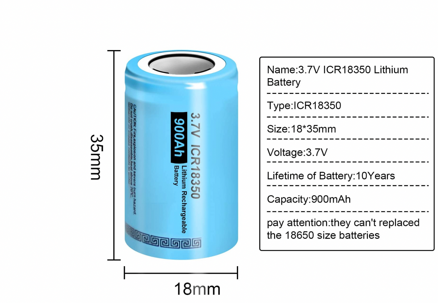3.7V 18350 Rechargeable Battery 900mAh